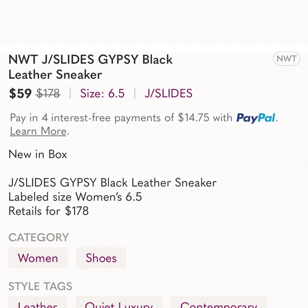 NWT J/SLIDES GYPSY Black Leather Sneaker